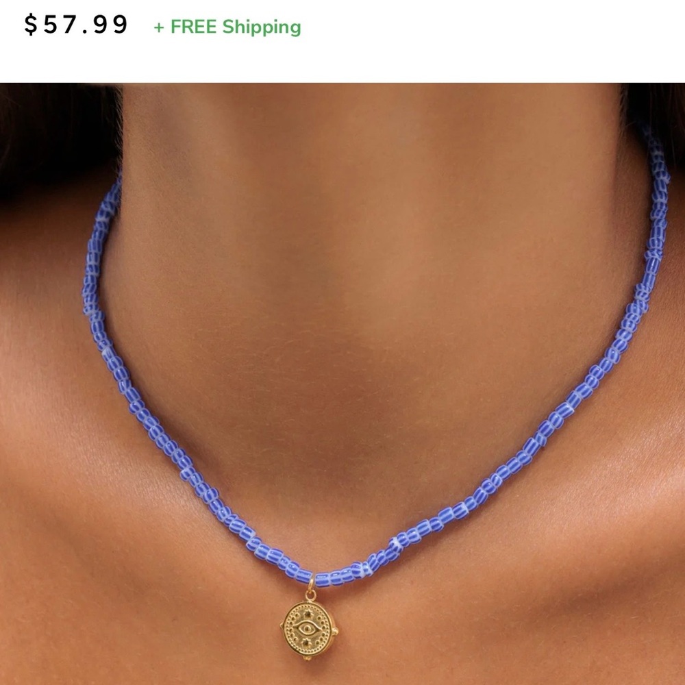 Gold Charm Blue Beaded Necklace - Women